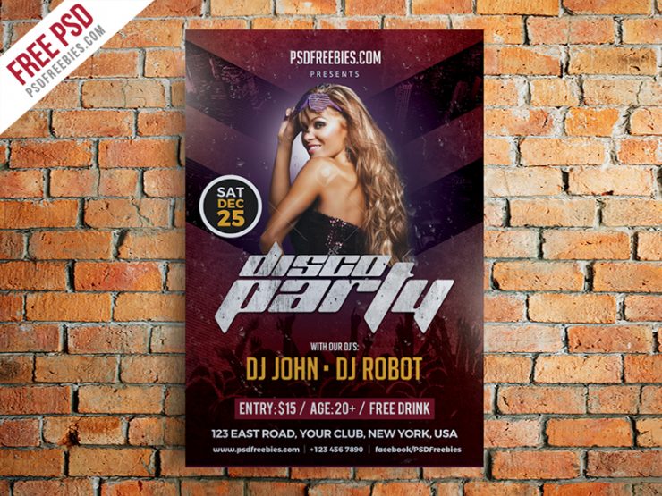 Disco Party Poster Flyer Template Free PSD