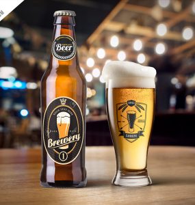 Beer Bottle and Glass Mockup Free PSD
