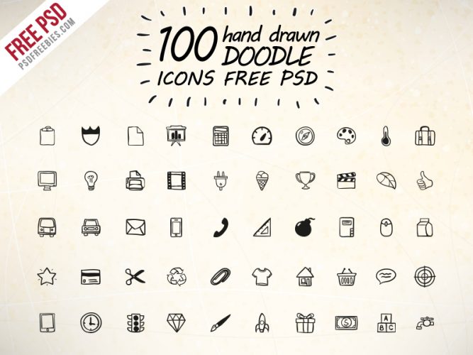 100 Hand Drawn Doodle Icons Free PSD