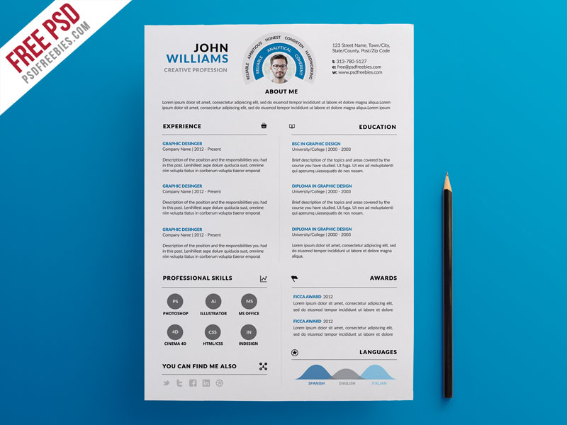 Clean and Infographic Resume PSD Template | PSDFreebies.com