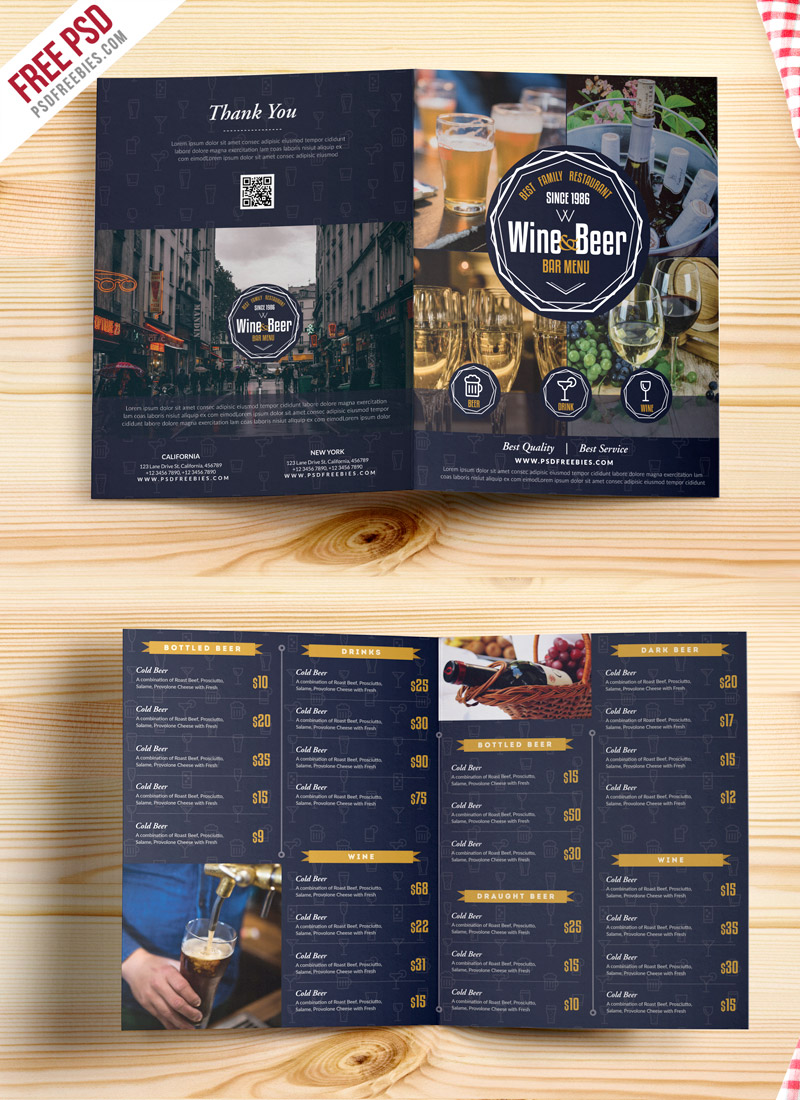 Beer and Wine Menu BiFold Brochure Template PSD
