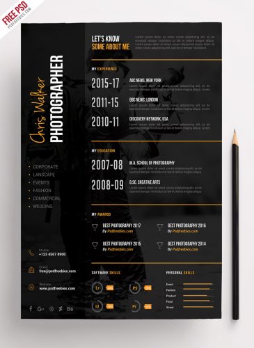 Photographer Resume CV PSD Template | PSDFreebies.com