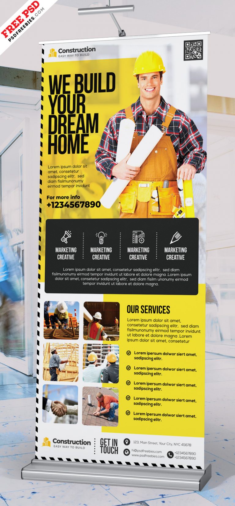 Construction Company Roll-up Banner Design PSD | PSDFreebies.com