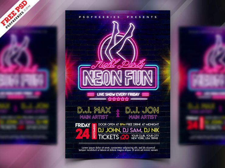 Neon Night Party Flyer Design PSD