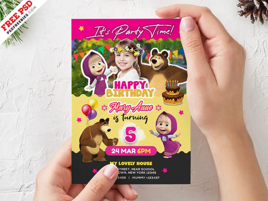 Masha And The Bear Birthday Invitation Card Psd 