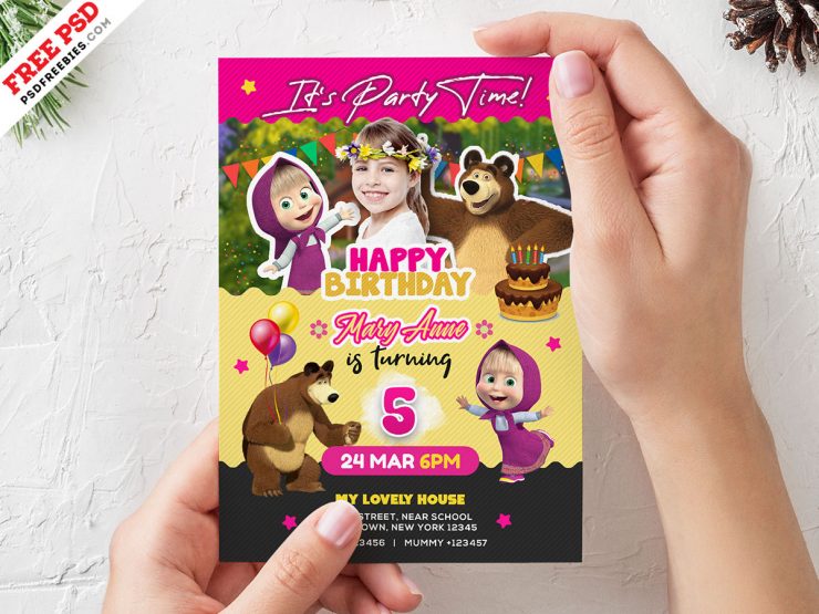 Masha and the Bear Birthday Invitation Card PSD
