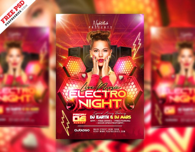 Electro Night Music Party Flyer Template PSD | PSDFreebies.com