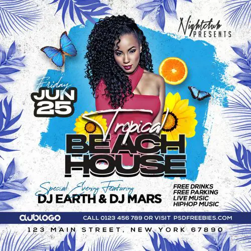 Free PSD | Tropical Beach House DJ Party Social Media Post PSD