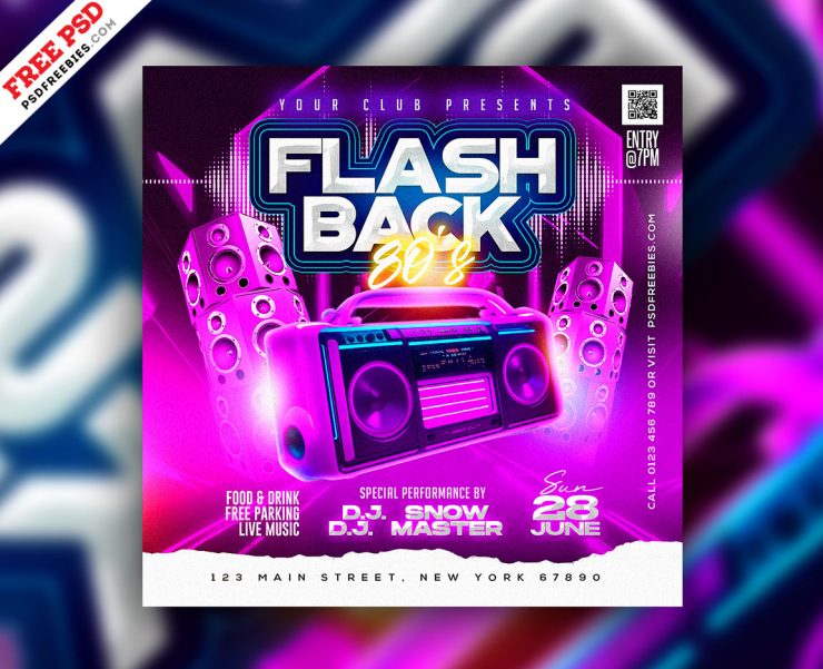 Neon Flashback Music Party Social Media Post PSD