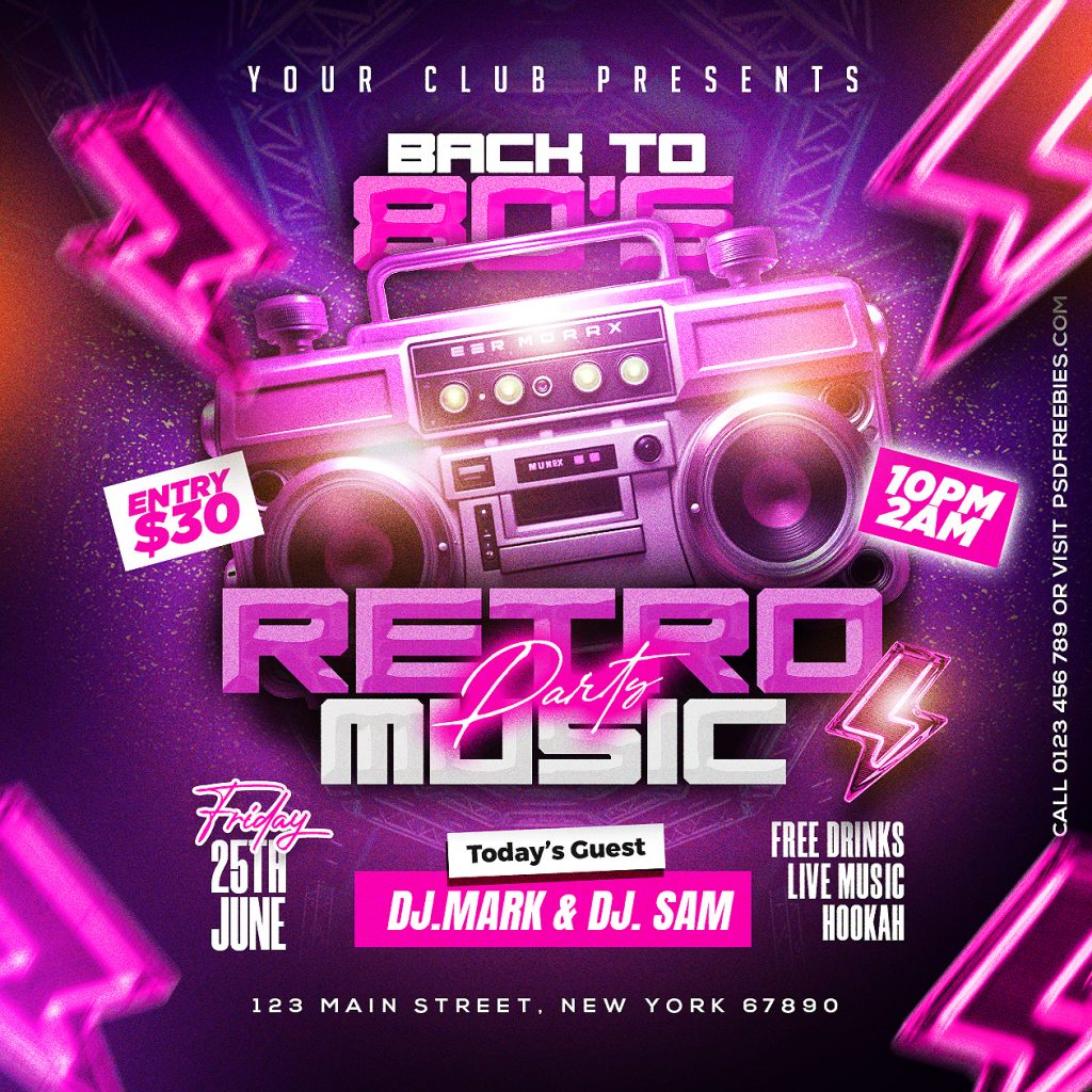 Retro Neon Music Party Post PSD Template