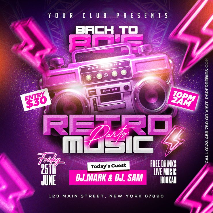 Free PSD | Retro Neon Music Party Post PSD Template | PSDFreebies.com