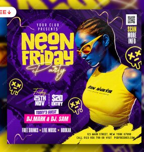 Neon Friday Music Party Social Media Post PSD