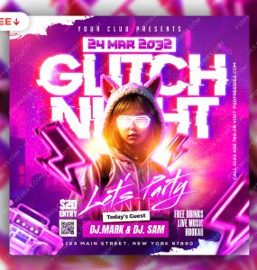 Neon Glitch Night DJ Party Post PSD