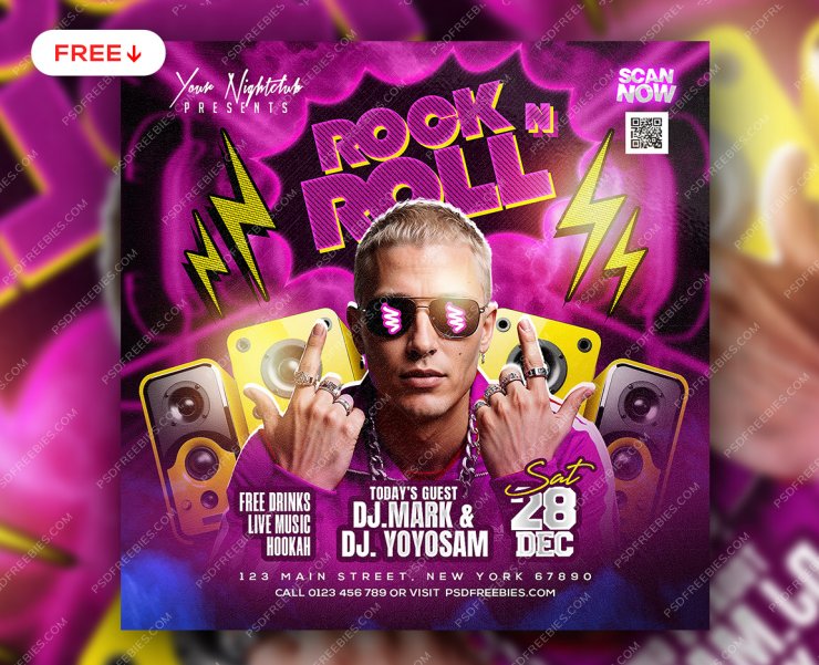 Rock n Roll DJ Music Event Social Media Post PSD